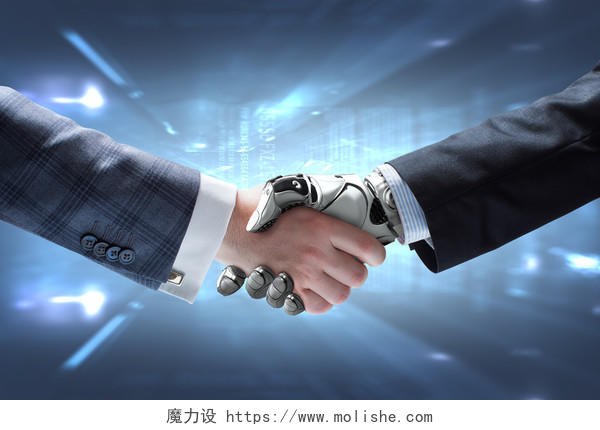 商人与机器人手握手的特写抽象背景团结握手企业团结团结人物合作平台商务合作握手